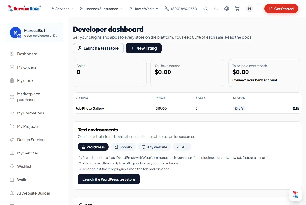 Your developer dashboard: sales, earnings, payouts, your listings and the test environments.