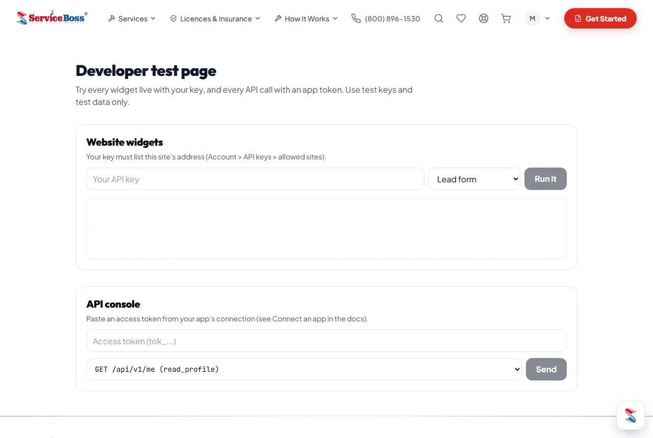 The test page: run any widget with your key, and every API call with an app token.