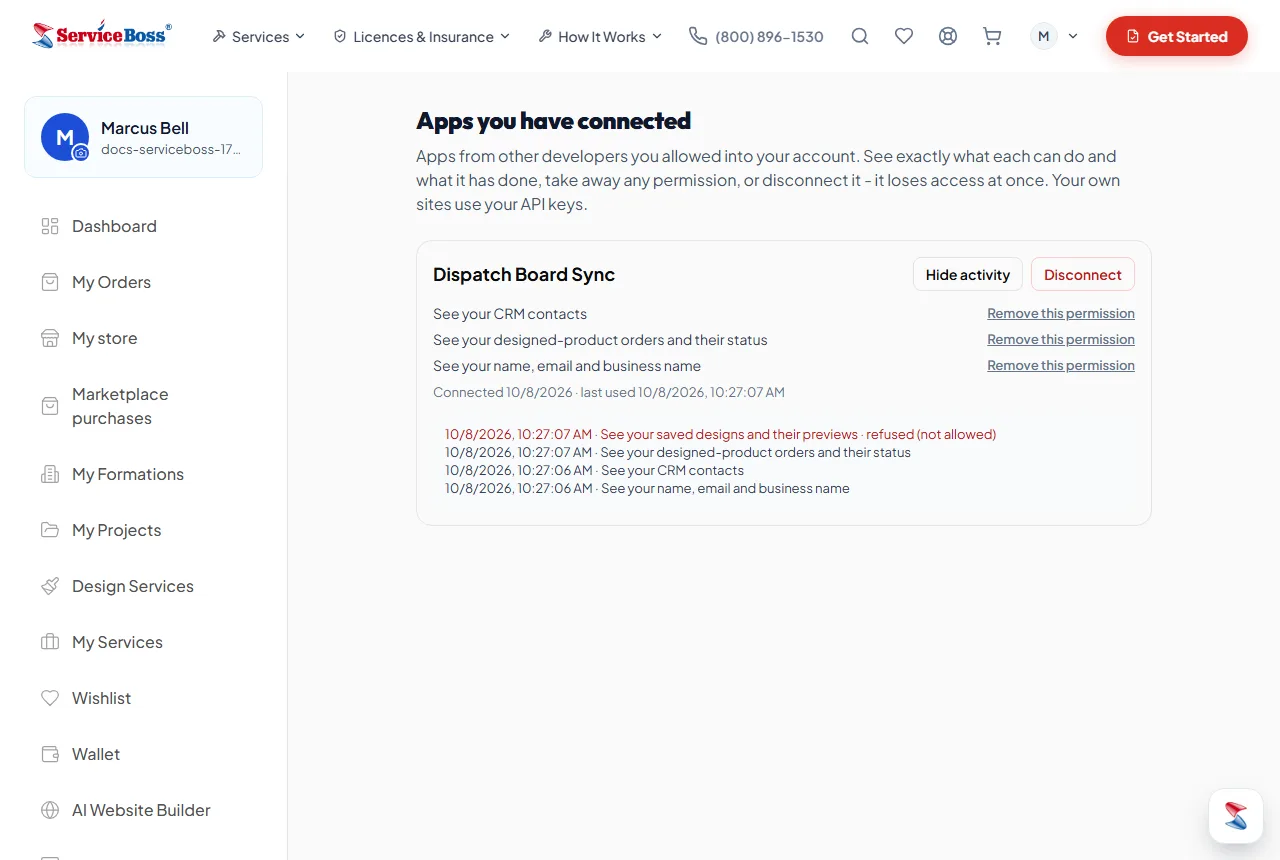 Owners see each connected app, what it did, and can remove one permission or disconnect it.