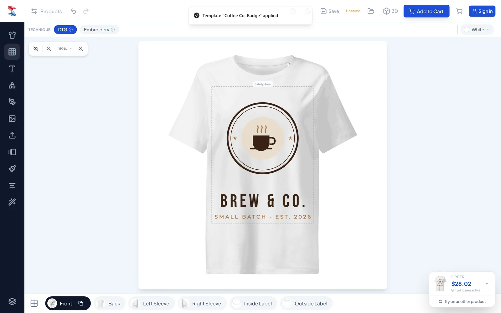 A logo-style design on a white tee in one click